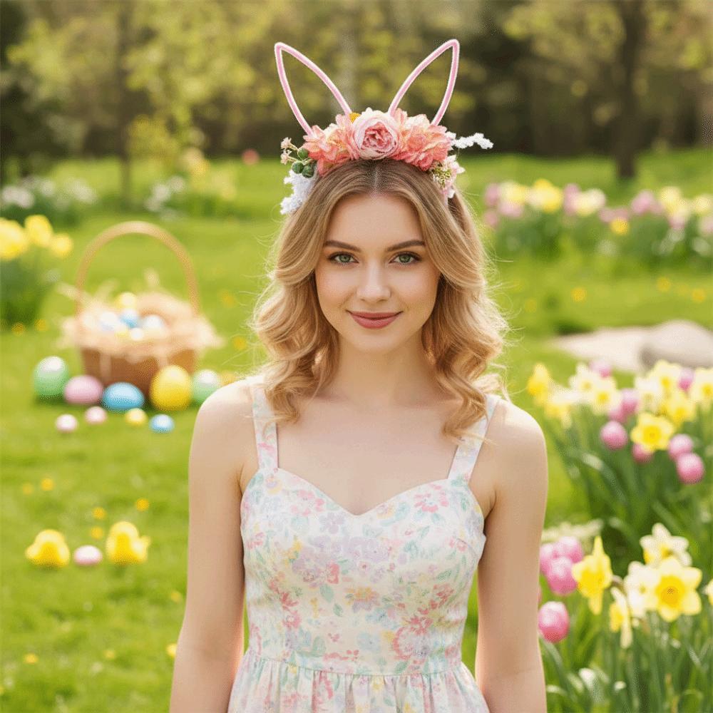 Artificial Flower Rabbit Ears Headband Forest Bunny Ears Hair Hoop Easter Garland  Party Supplies