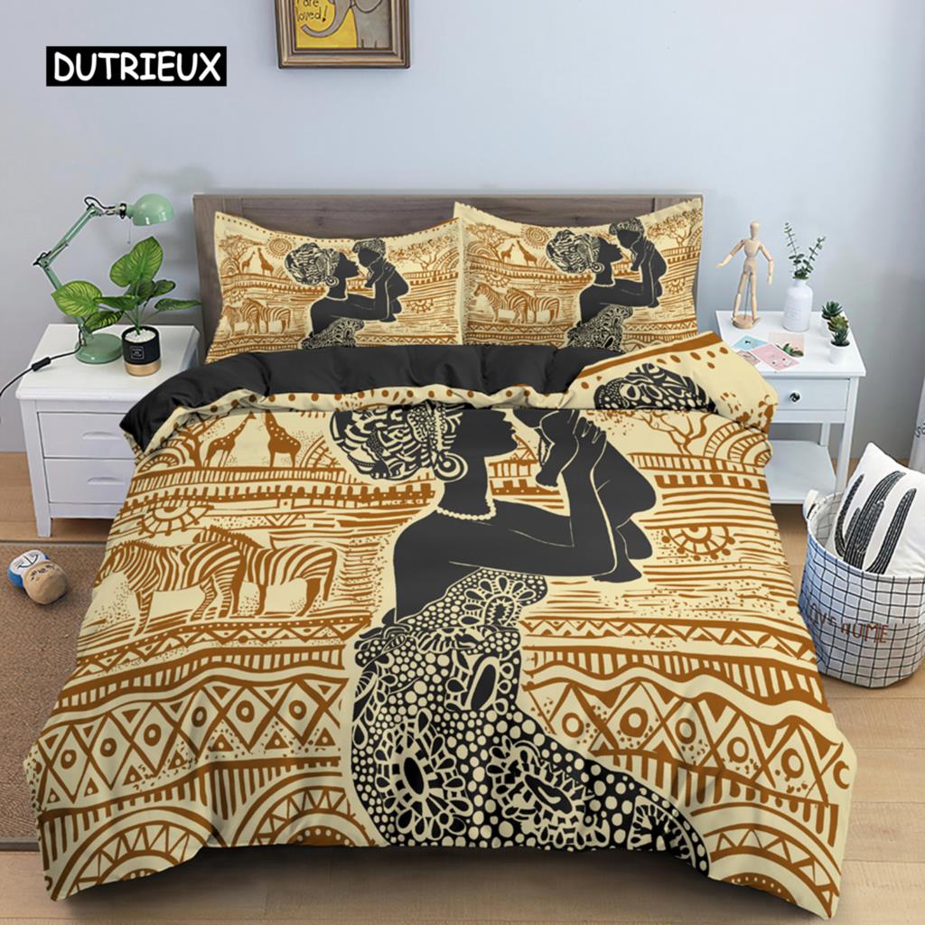Ancient Egypt Duvet Cover Set Egyptian Symbol Bedding Set Vintage Pharaoh Pyramid Boho Tribal Polyester Quilt Cover 2/3pcs Queen