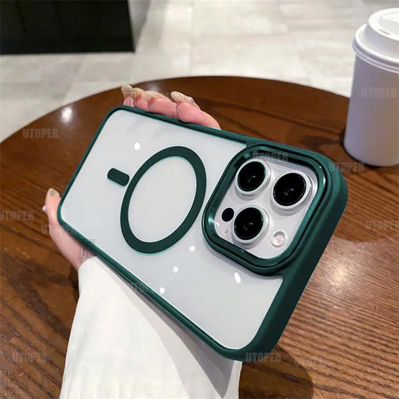 

Модный чехол для телефона цвета розовой сакуры для iPhone 16 15 14 13 12 11 Pro Max 16 Plus Прозрачная магнитная защитная крышка Magsafe For iPhone 15 Pro темно-зеленого