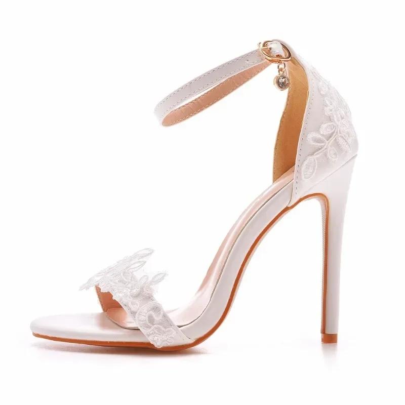 Sexy Ankle Strap Sandals Women Party Lace Decoration PU 11CM Thin Heels Buckle Strap Narrow Band Dress Women's Shoes White