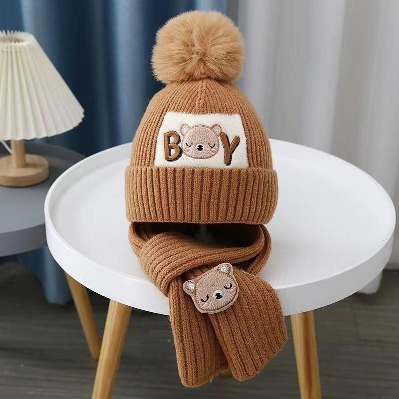 Winter children's hats, piled and thickened two-piece sets, baby hats, bear wool hats, thermal hats, sets