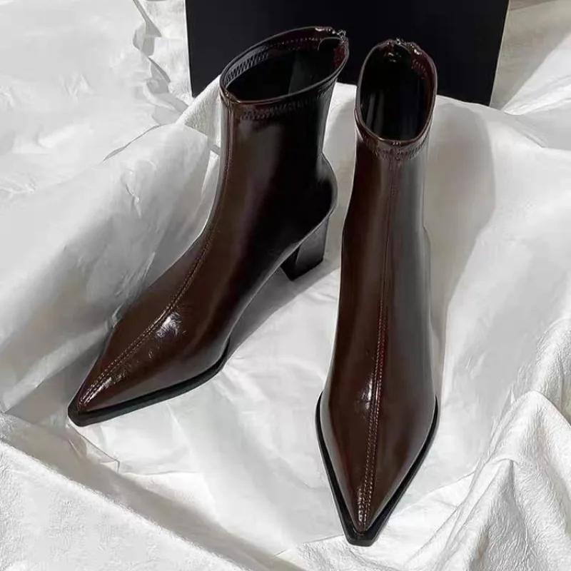 Pointed Toe High Heels Women Short Boots Designer Leather Elegant Shoes 2025 Winter New Fashion Ankle Shoes Dress Pumps Zapatos