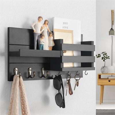 Rustic Wall Mounted Mail Organizer for Wall Entryway Decor Wooden Key Holder with Floating Shelf for Hanging Coats Dog Leashes