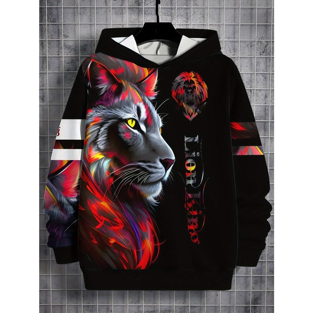 3D Digital Printed Colorful Lion King, Trendy Animal Pattern Hooded Sweatshirt, Fashionable Casual Children's Clothing