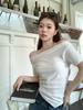 Summer New Women's One-word Shoulder Design Sense with Irregular Short-sleeved T-shirt Spice Girl Black Collarbone Bottoming Shirt