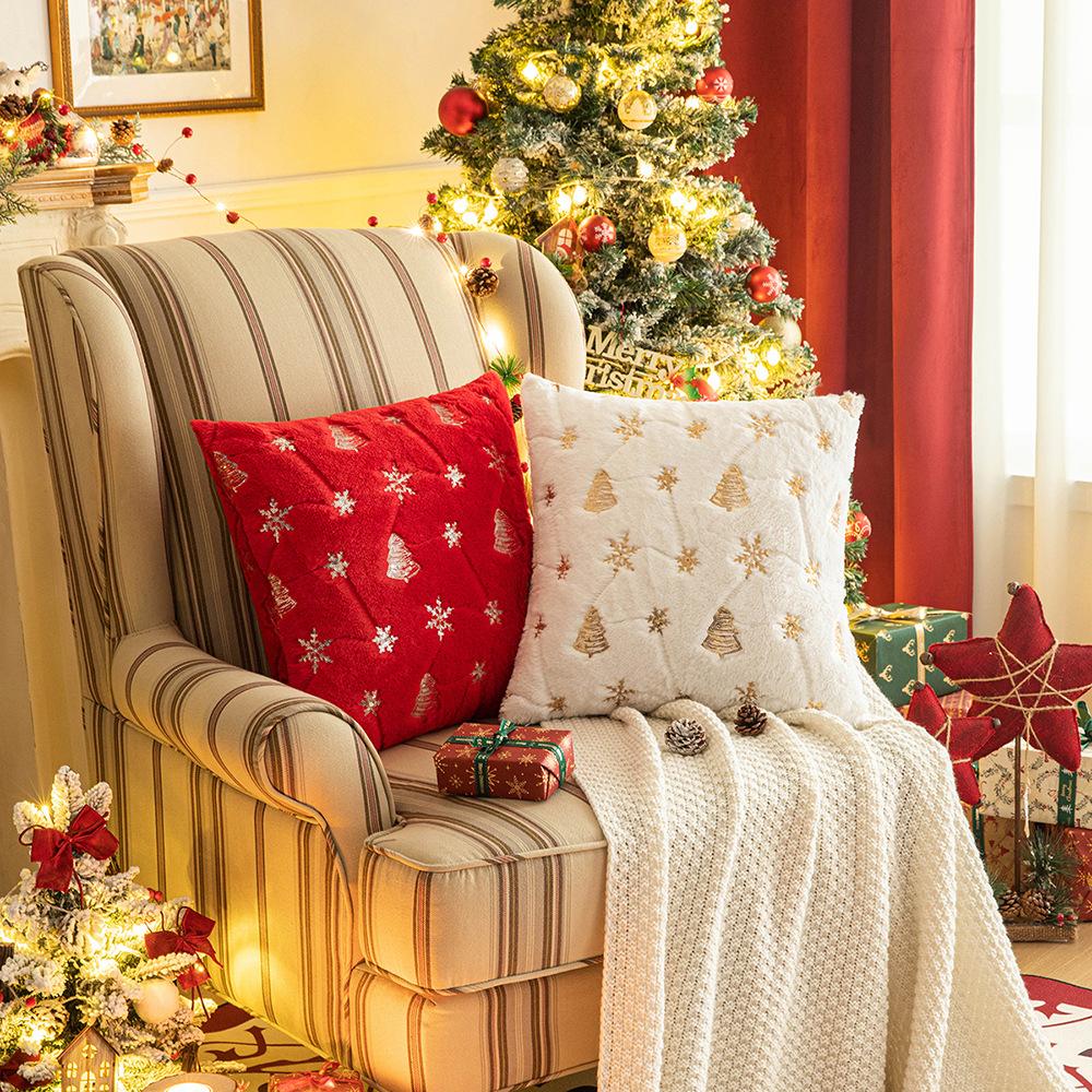 Sequin Christmas Tree Embroidery Pillow Case Snowflake Plush Pillow Christmas Ornament Gift Cushion Cover Core-Free