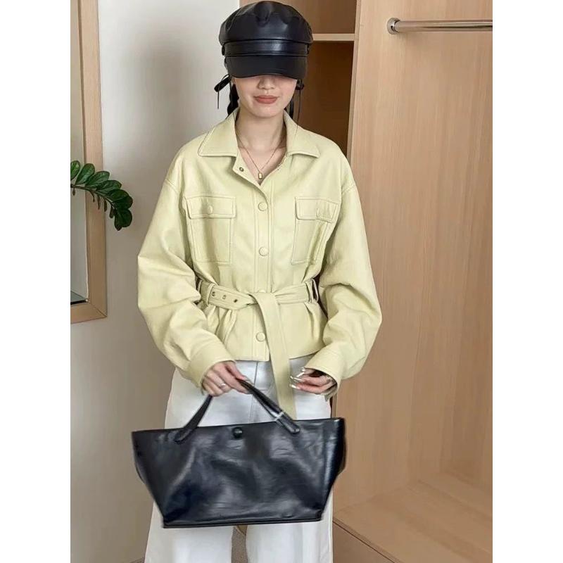 Veste courte à revers simple boutonnage pour femmes, ample, à lacets à la taille, haut de veste