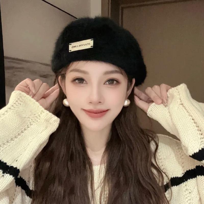 Autumn and Winter Warm Rabbit Fur Hat Women's New Anti-wearing Beret Retro Versatile Dual-purpose Forward Hat Solid Color Painter