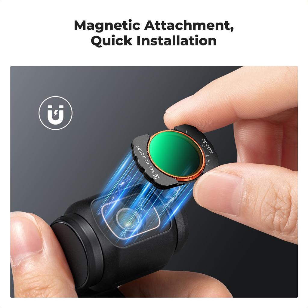 K&F Concept Magnetic Wide Angle Lens & Effect & ND & CPL Filter Set Compatible with DJI Osmo Pocket 3, 4 Pack Wide-Angle Lens CPL Black Diffusion 1/4