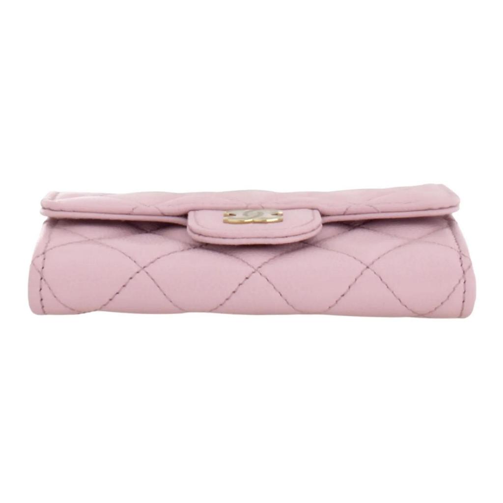 CHANEL 24A Light Gold Buckle  Diamond Pattern Pure Color  Grainy Lychee Pattern Leather Card Holder  Women's  Pink