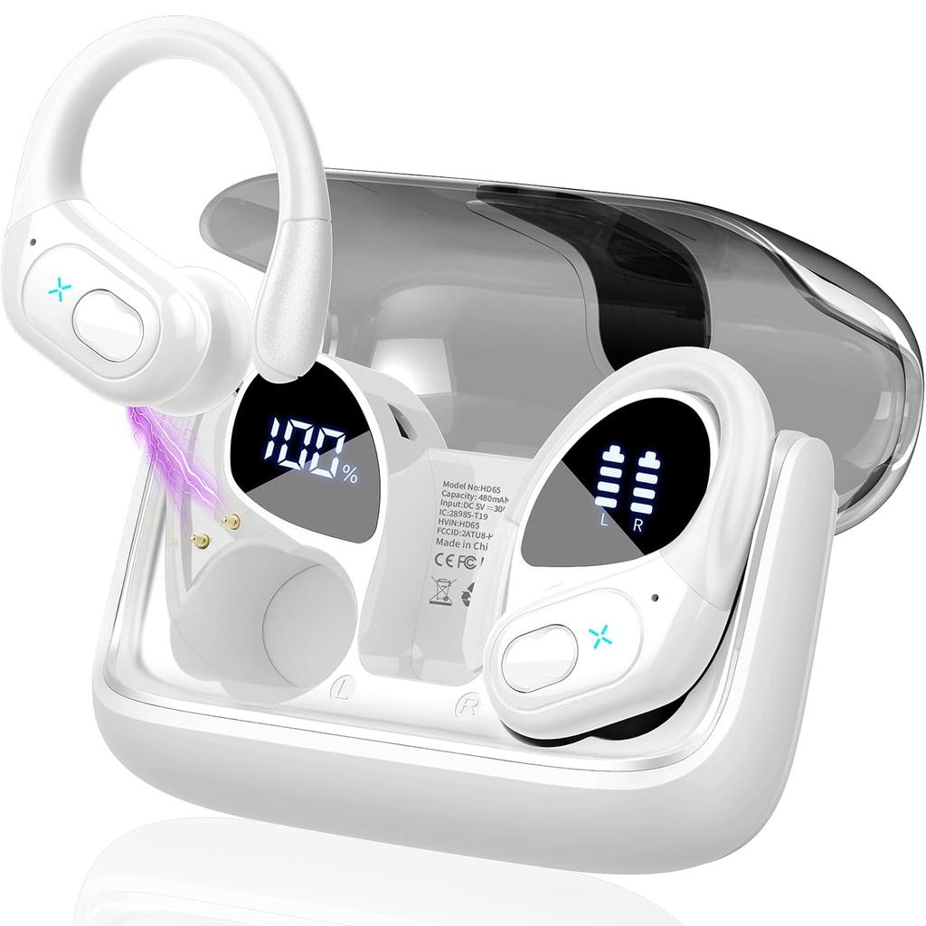Wireless Earbuds Sport Bluetooth 5.4 Headphones ENC Noise Cancelling Mic 75H HiFi Stereo Over Ear Bud LED Display for /Gym