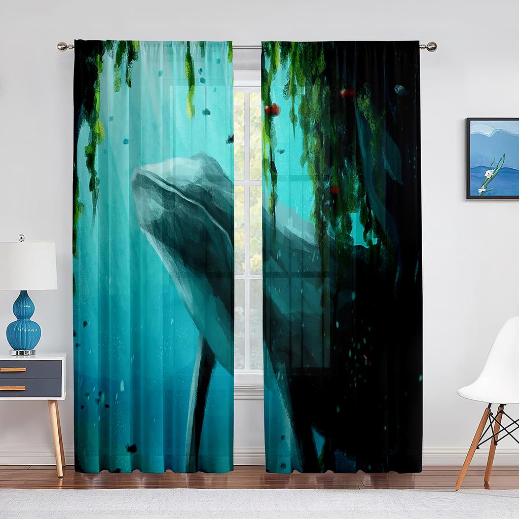 Watercolor Whale Underwater Animal Psychedelic Sheer Window Curtains for Living Room Bedroom Home Decor Chiffon Tulle Curtain
