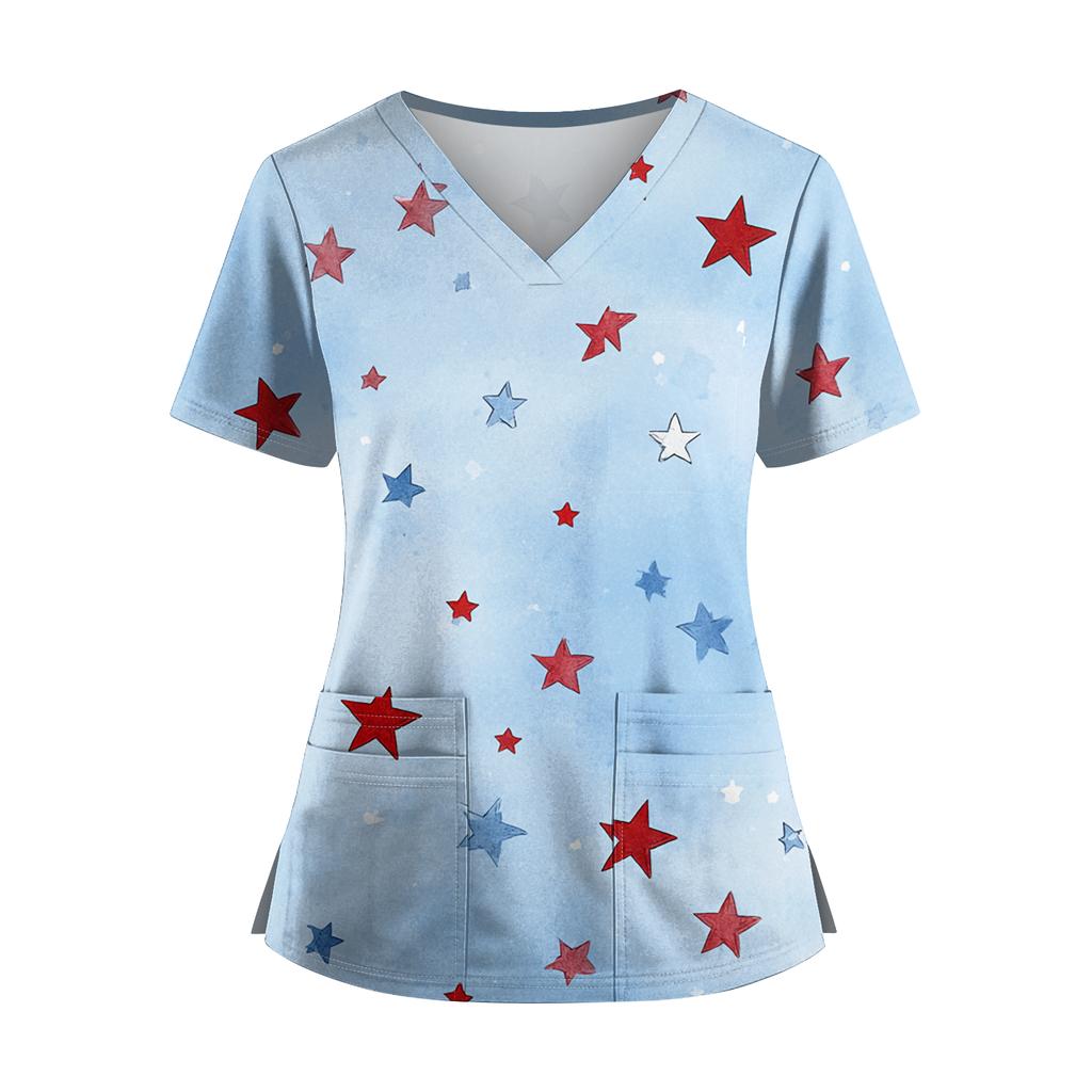 Women's Independence Day Print V-Neck Double Pocket Short Sleeve Uniform with Slit Hem - Caregiver Top