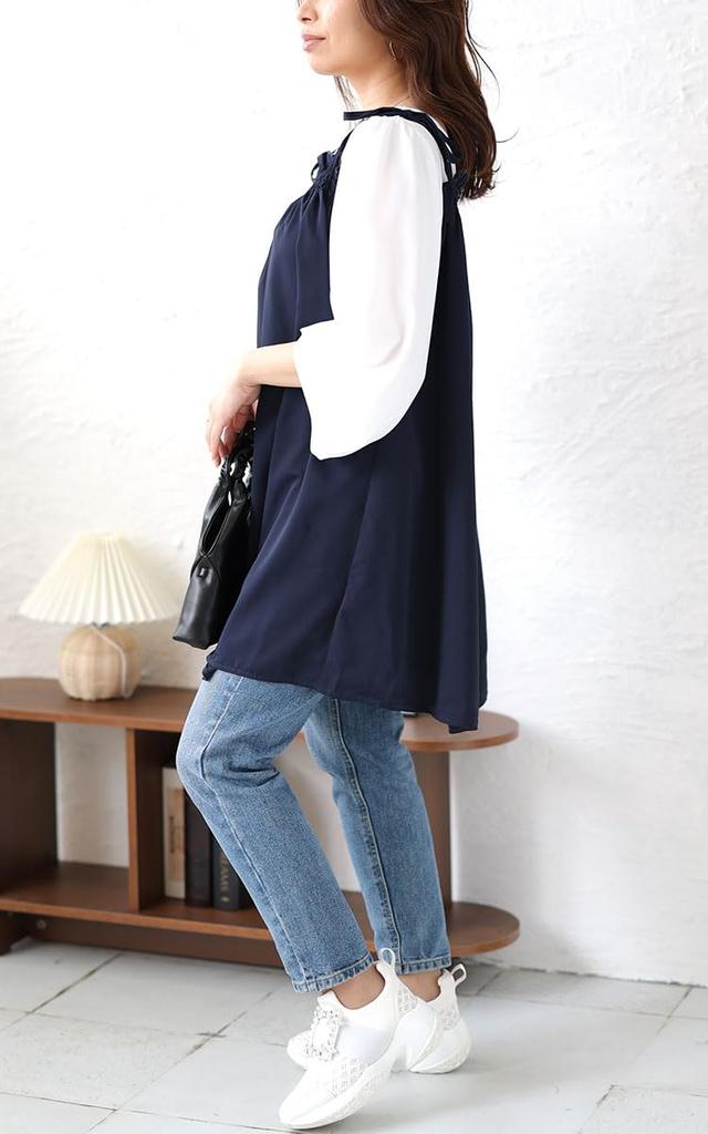 [Gold Japan] Plus Size Women's Tunic, Long Sleeve, Camisole, Voluminous Sleeves, Spring Outfit, Summer, Autumn, Maru-30180, 5L, Navy