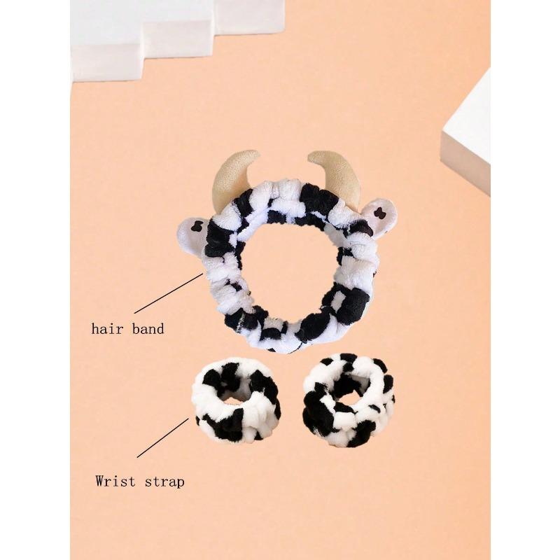 1pc Cow Pattern Bath Headband & 2pcs Bath Wrist Band, Polyester Cow Decor Facial Makeup Headband & Wrist Wash Band
