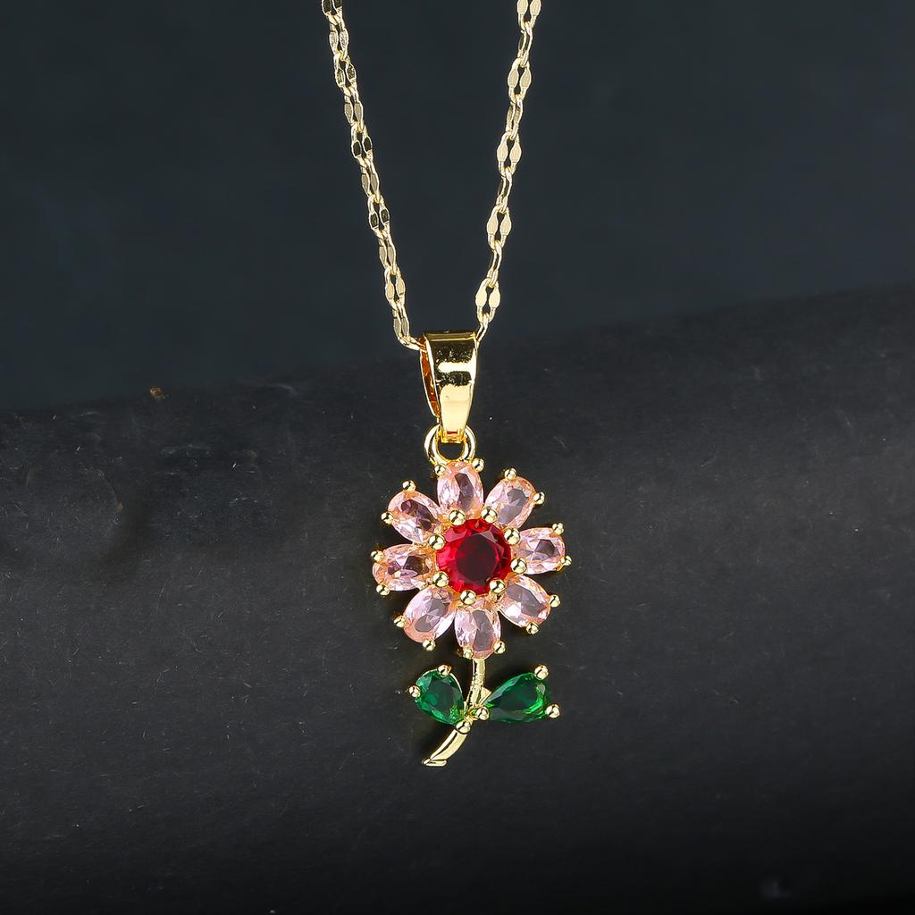 New Sweet Zircon Sunflower Pendant Necklaces for Women Stainless Steel Chain Jewelry Accessories Wedding Party Gifts