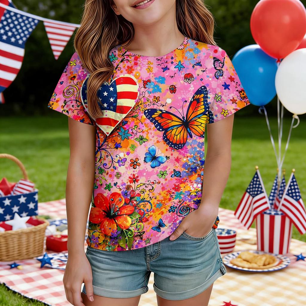 Kids Independence Day Print Round Neck Short Sleeve Casual T-shirt