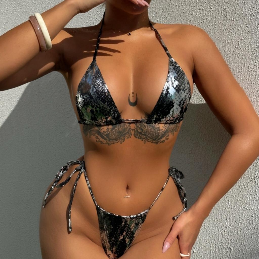 Women's Swimsuit Silver Triangle Bag Halter Tied Split Swimsuit Bikini Beachwear Bathing Suits