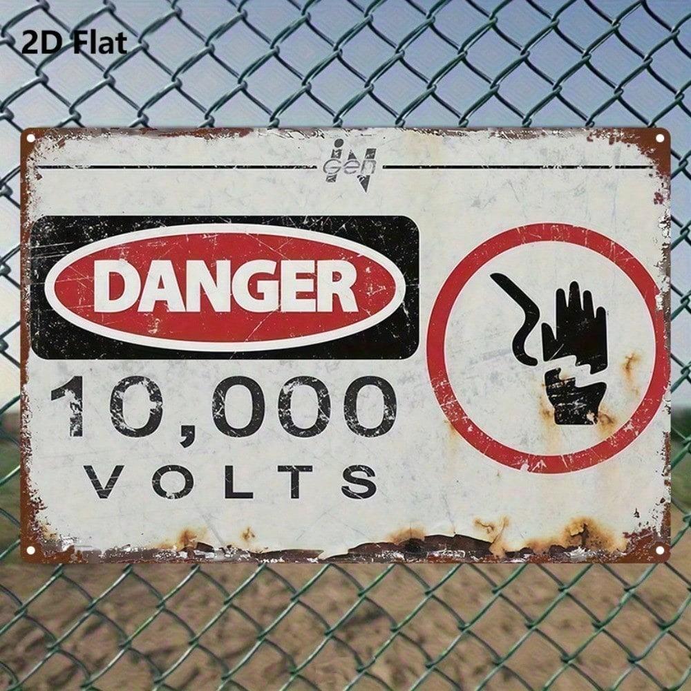 Vintage Danger 10000 Volts Metal Sign 8x12 Inch, Retro 2D Flat Iron Wall Plaque, High Voltage Warning Decor for Office Yard