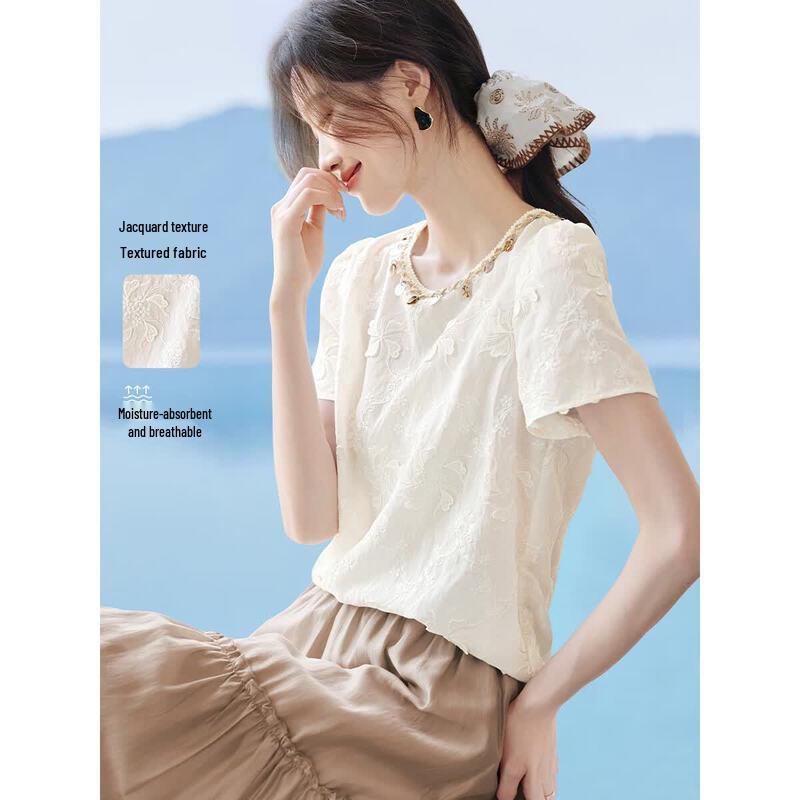 Korean Style Crochet Embroidered Short Sleeve Blouse S