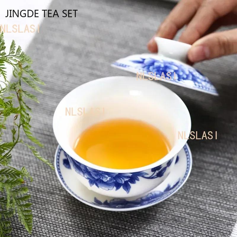 Jingdezhen White Porcelain Gaiwan Tea Cup Blue and White Porcelain Tea Maker Ceramic Handpainted Tea Bowl Tea Set Supplies