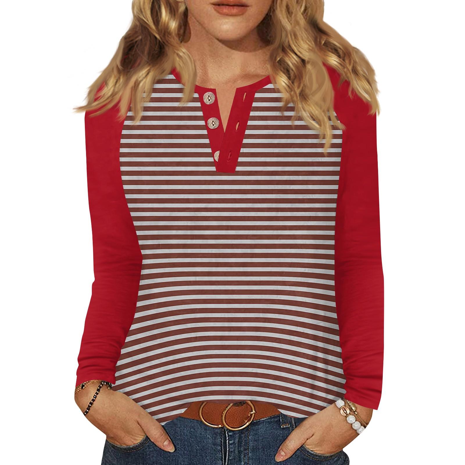 

Женская футболка с принтом, на пуговицах, с длинным рукавом, повседневная, для выходных, модная, базовая, с V-образным вырезом, обычный топ L красный