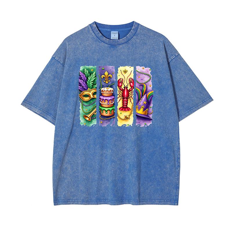 Oversized Mardi Gras Graphic Washed T-Shirt Summer Cotton Carnival Print Tees Holiday Vintage Street Party Man Clothes