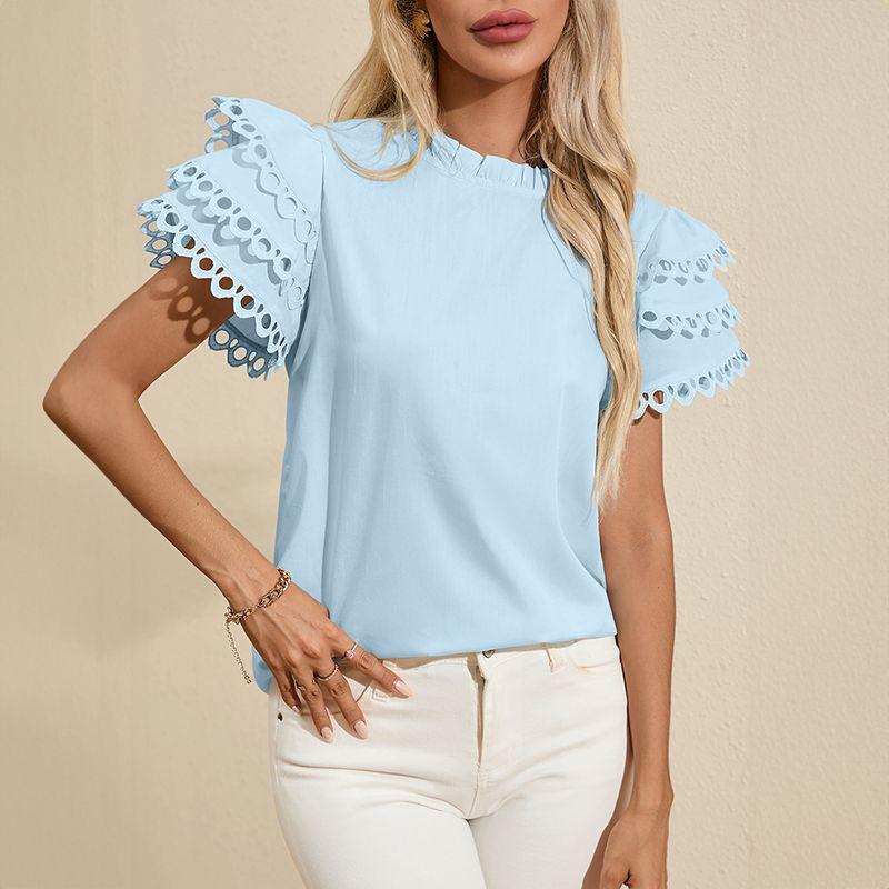 

Summer New Arrival Pure Color round Neck Pullover Short Sleeve Shirt Women s Fashion Thin Casual Loose Slim Fit Chiffon Blouses for Women Light blue P804 Size S fit (45.00 kg-55.00 kg