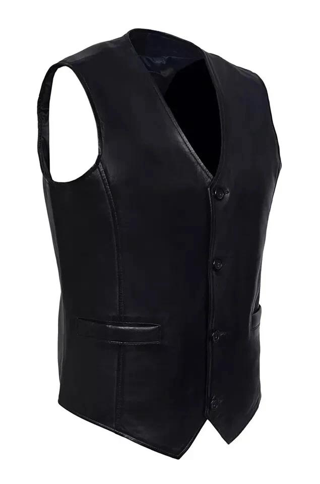 Stylish Handmade Men Hand Pocket Sheepskin Pure Leather Waist Out Wear Vest Coat