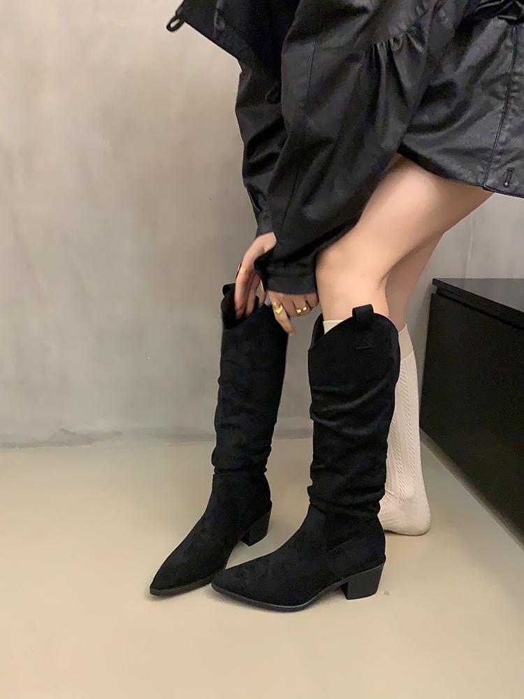 Pile boots women's knight boots retro suede thick heel pointed autumn and winter new khaki wrinkled high boots