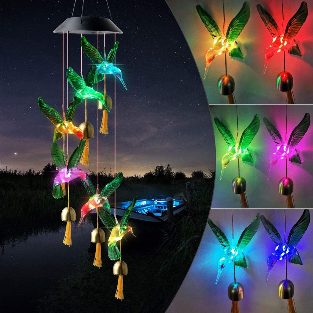 

Indoor Hummingbird Butterfly Hanging Pendant with Bell Solar Wind Chimes Home Decoration LED Light