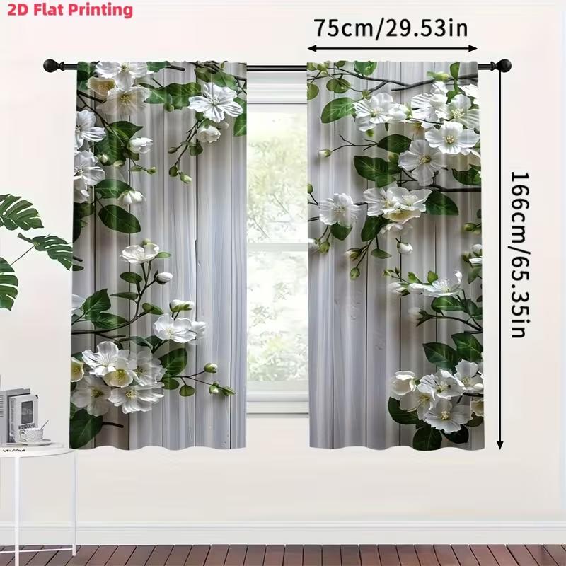 2PC White Floral Grey Wood Sheer Curtains - Fresh Rustic Botanical Print Window Drapes for Living Room Bedroom Decor