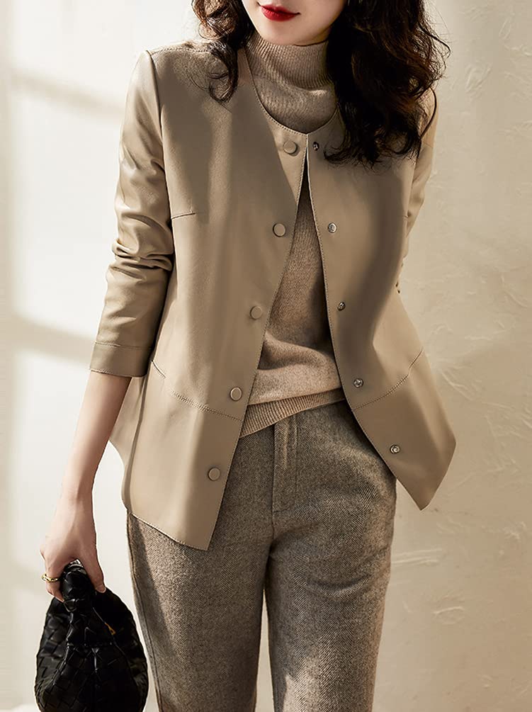 JINLUN Collarless Leather Genuine Lambskin Style for and Spring Size Women's Jacket, Leather, Collarless, Rider's Fall, Winter, (Beige, L)