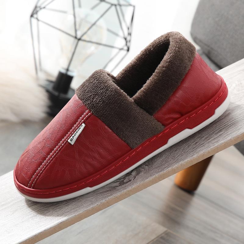 Absatz Leder Baumwollpantoffeln Zuhause Herbst und Winter dicksohlige Indoor Baumwollmopp Wasserdichte, rutschfeste und warme Baumwollschuhe Fleecefutter