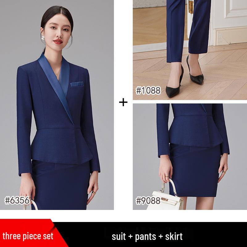 Dark Blue Women's Suit Set: Professional Attire with a Goddess Style – Perfect for Front Desk Workwear.