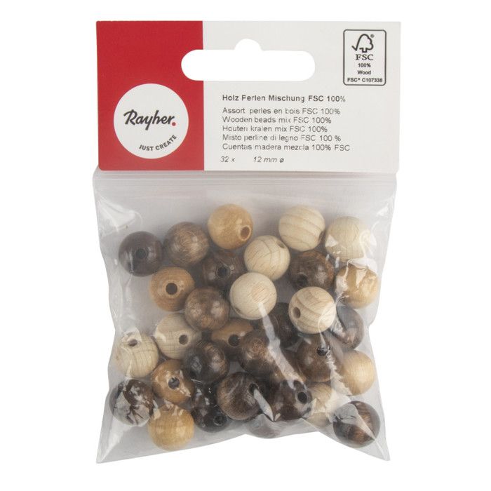 Perles en bois polies 12mm Tons naturels 32 pièces