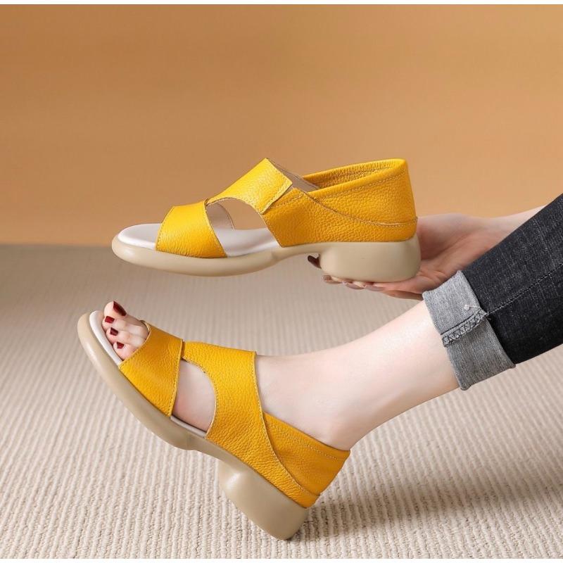 Genuine Leather Women Sandals Summer Casual Shoes Flat Soft Comfort Mother Shoes Yellow Black Plus Size 41