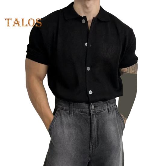 Summer Men Shirt Knitted Short Sleeves Turn-down Collar Single-breasted Stretchy Solid Color Cardigan Loose Daily Wear Casual Top