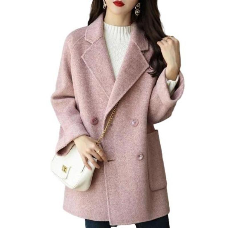 Herbst Winter Frauen Mittellange Wolljacke Umlegekragen Zweireihiger Strickjacke Mantel Mode Einfarbig Warmer Mantel Elegante Damen Outwear