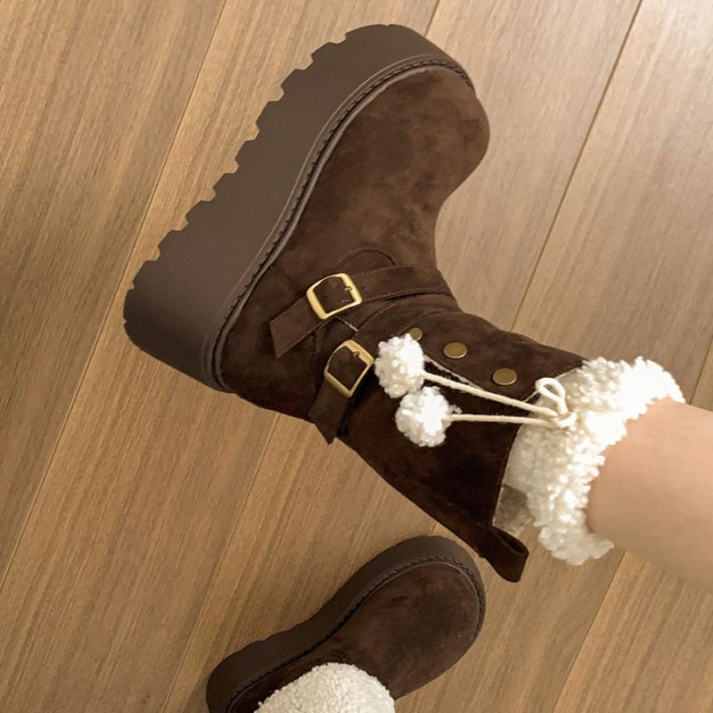 Winter Platform Thick Bottom Women Fur Snow Boots Outdoor Comfort Keep Warm Shoes Ladies Belt Buckle Short Botas Para Mujer