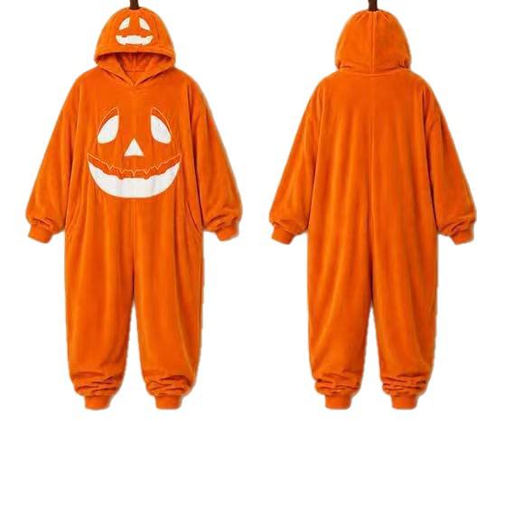 Pigiama Intero in Pile Corallo Autunno/Inverno con Zip - Spesso, di Velluto e a Tema Halloween per Uso Interno ed Esterno