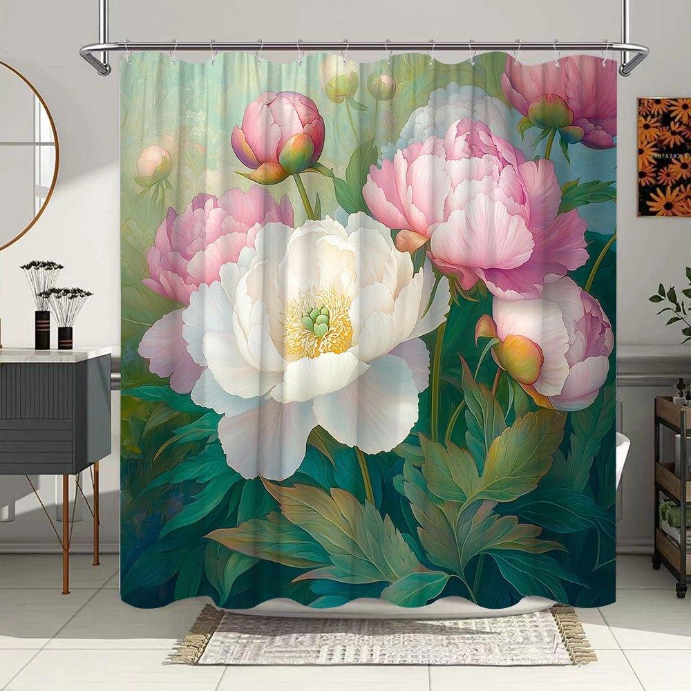 1pc Romantic Peonies Bath Curtain - Lush Garden Design with Pink & White Blooms, Green Foliage On Dreamy Blue-Green Background,
