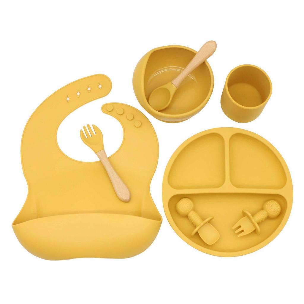 Baby Silicone Tableware Food Supplement Bowl Spoon Fork Water Cup Bib Compartment Round Plate