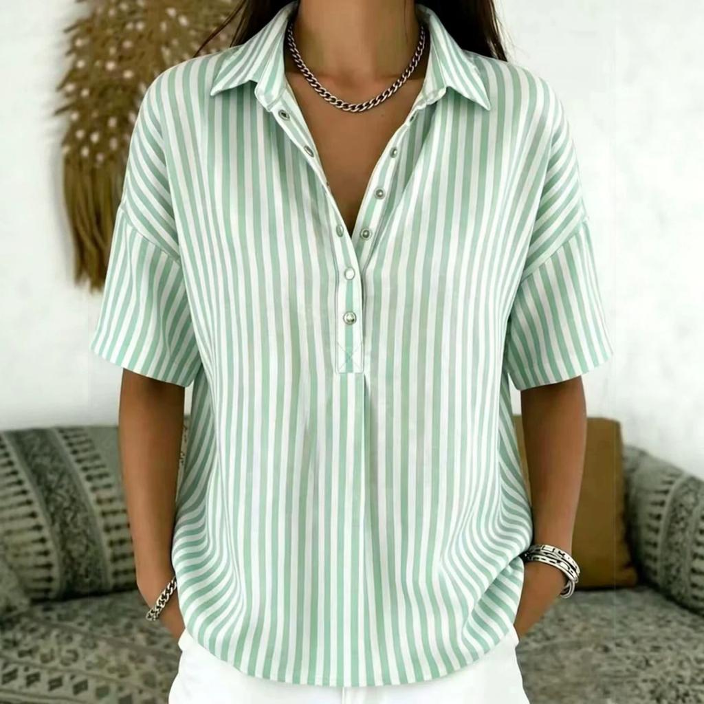 Women Striped Collared Button Down Short Sleeve Loose Fit Casual Top Lightweight Blouse for Everyday Wear Office School Travel