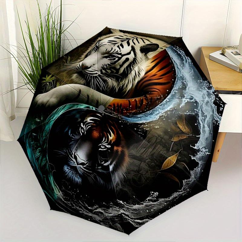 1pc The Dual Nature of Tigers In Water and Fire Automatic Opening and Closing Umbrella, Lightweight 3-Fold, With Cute Cartoon Characters, Suitable for