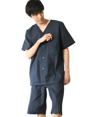 Shijira Roomwear for Open Shijira Summer Cool Set Dark [Nishiki] Men, Front, Weave, 100% Cotton, Material, Pajamas, (2. Navy/LL/0822)