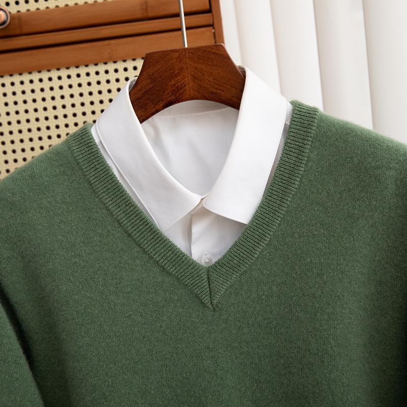 Autumn and Winter Knitted Sweater Men Wool Sweater V-Neck Pullover Cashmere Warm Solid Knitwear Clothes Business Bottoming Soft Tops