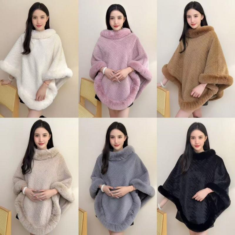 Womens Knitted Cape Shawl With Faux Fur Collar Streetwear Winter Outerwear In Plaid