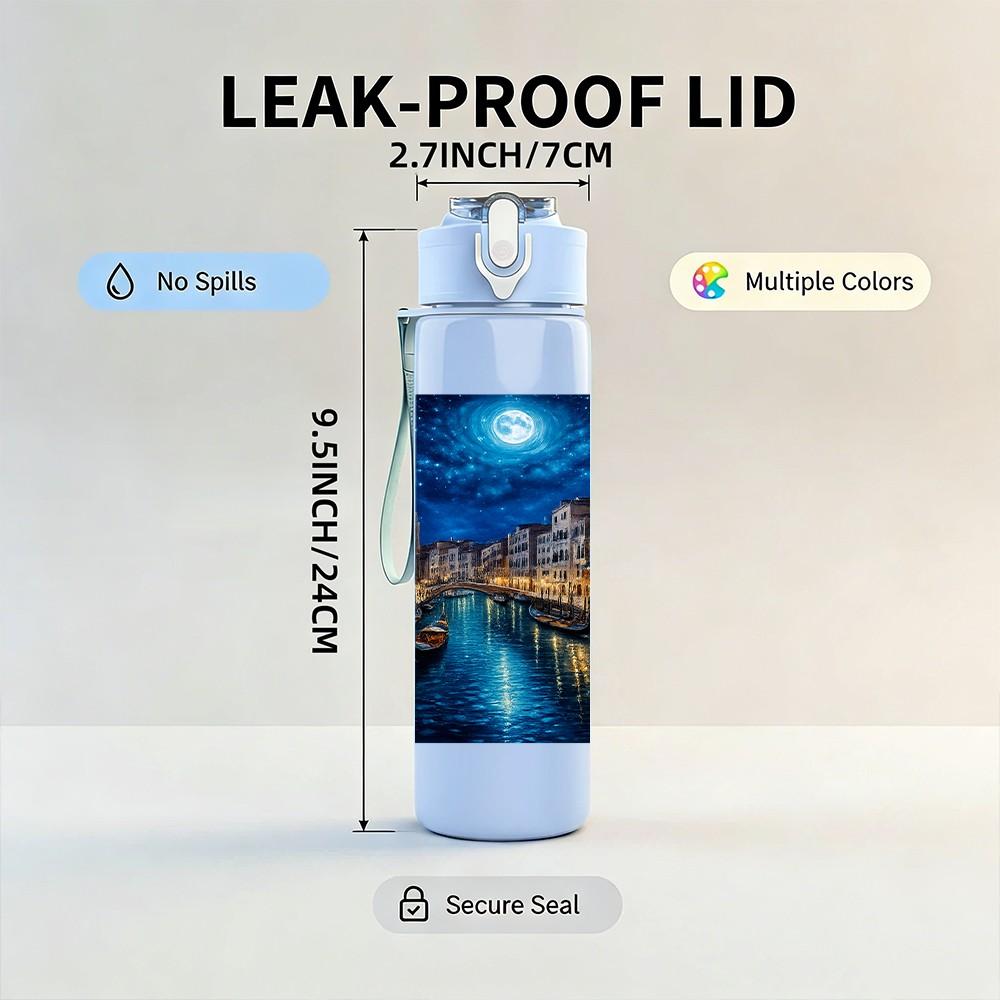 1PC Venice Night River City View Print 750ml Color Plastic Sports Water Bottle Leakproof Flip Straw Lid Suitable for Sports Office Home Use