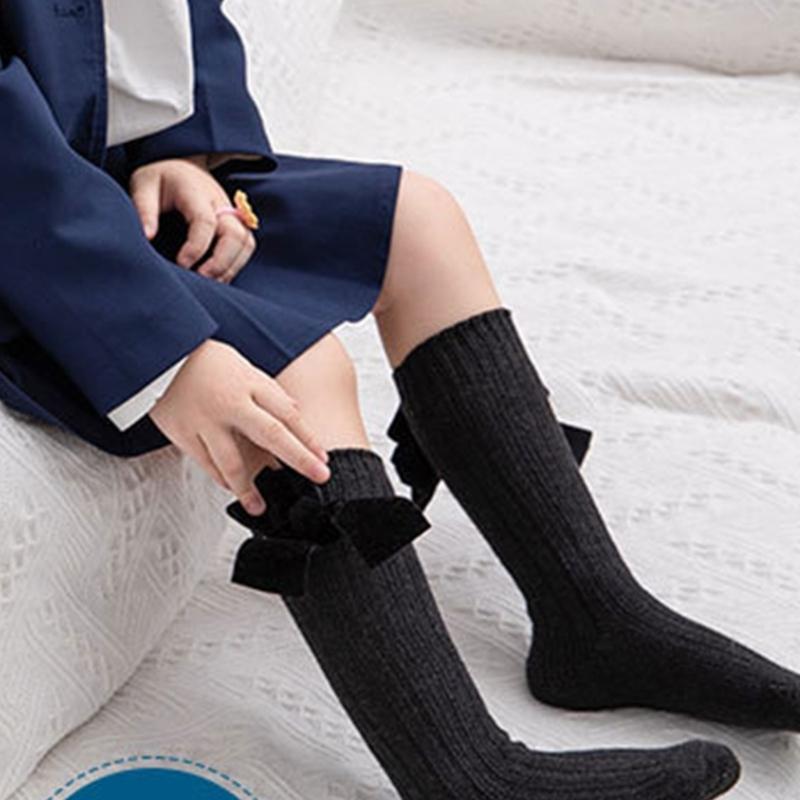 1 Paar Süße Baumwoll-Wadenlange Socken Mit Schleifenmuster-Design Für Kleine Mädchen Alltagsparty
